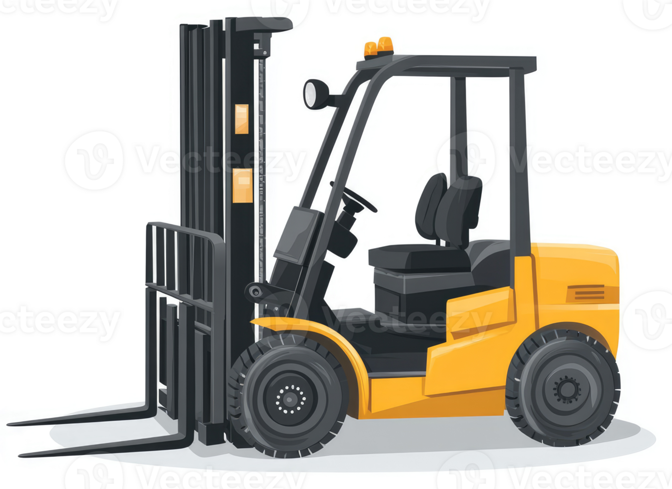 A yellow forklift with a black frame and controls. png