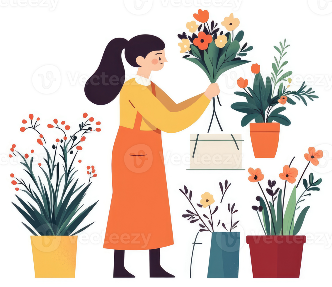A woman florist arranging a bouquet and plants in various pots. png