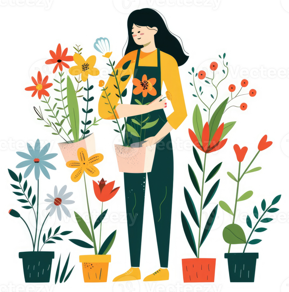 A woman surrounded by vibrant flowers and plants in pots. png