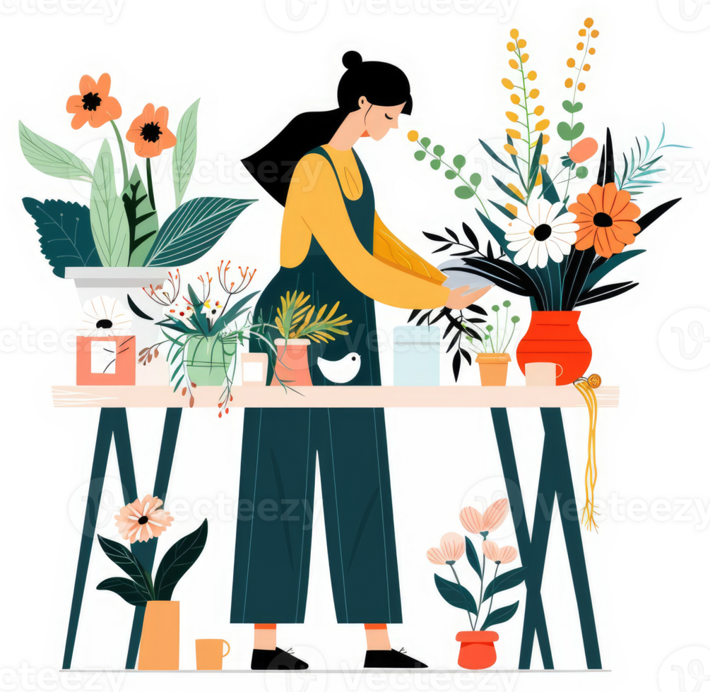 A woman tending to a colorful array of flowers and plants. png