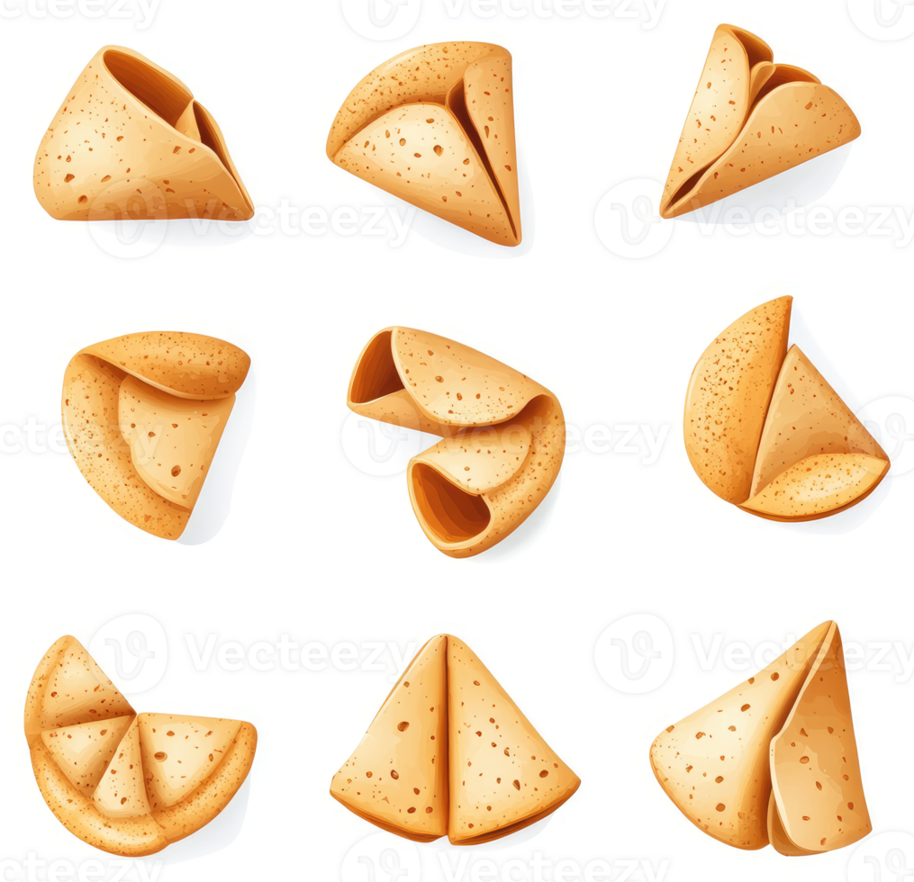 Assorted fortune cookies in various configurations. png