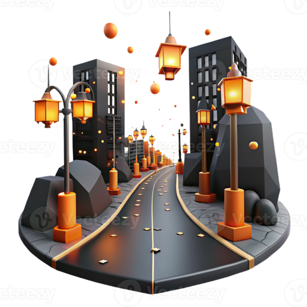 extraordinary artistic Dark City Street with Green Streetlights Cutout high quality png