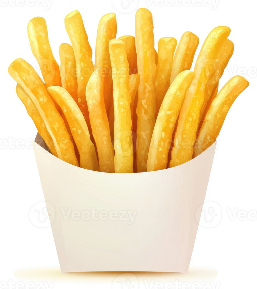 Crispy golden french fries in a paper container. png