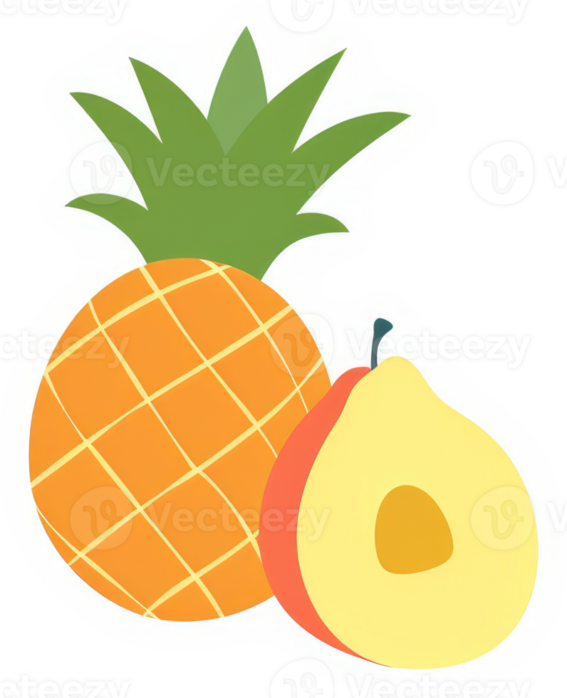 A vibrant illustration of a pineapple and a peach slice. png