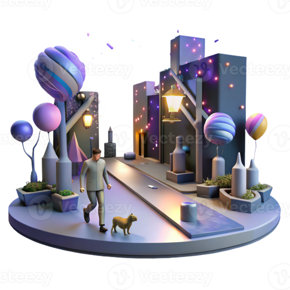 impressive artistic City Street with Dog Walker at Night Isolated Element png