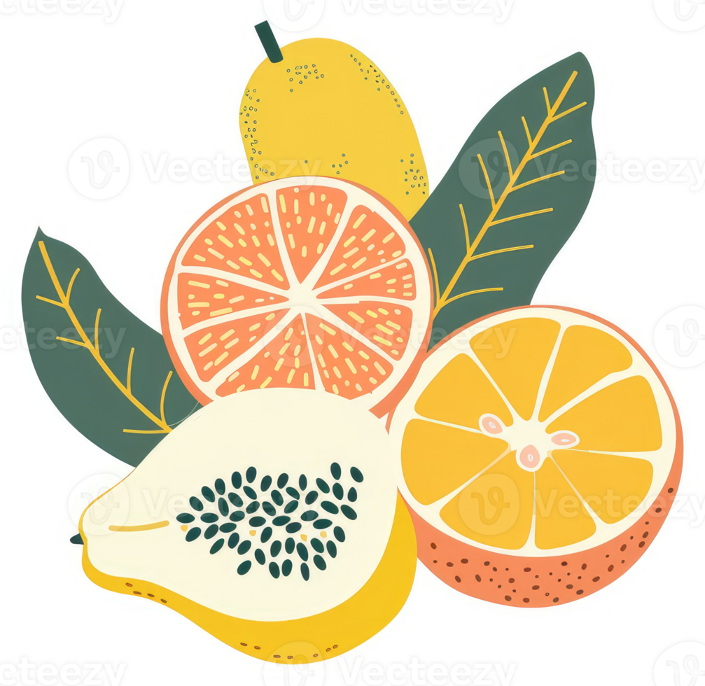 A vibrant display of sliced citrus fruits and a papaya. png