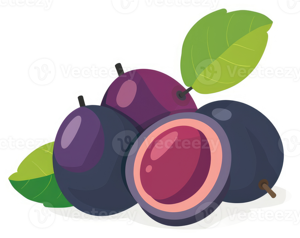 A cluster of plump, purple plums, one sliced open, with leaves. png