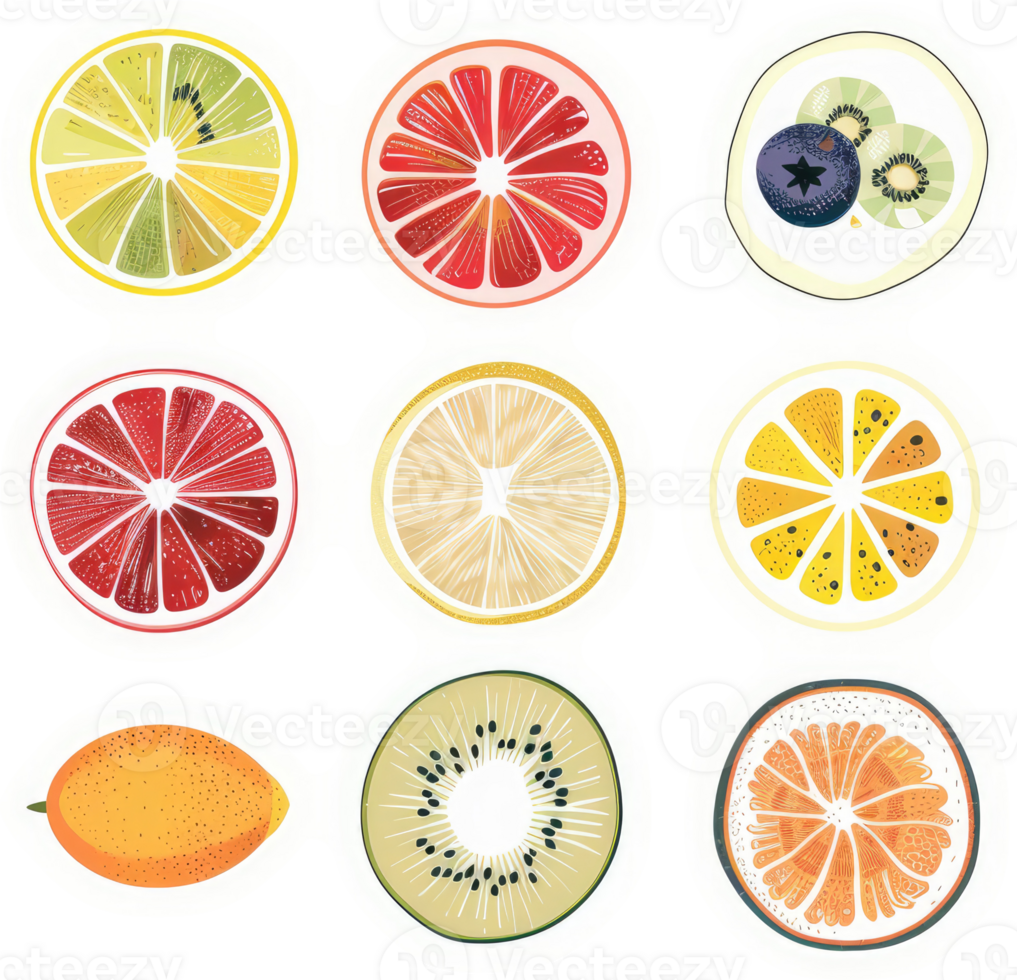 Colorful fruit slices art design in a circular pattern. png