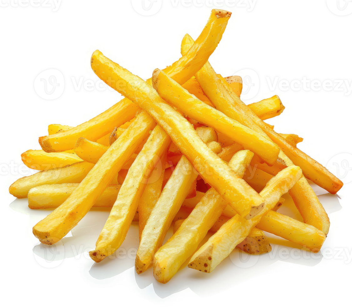 Golden crispy french fries piled high. png