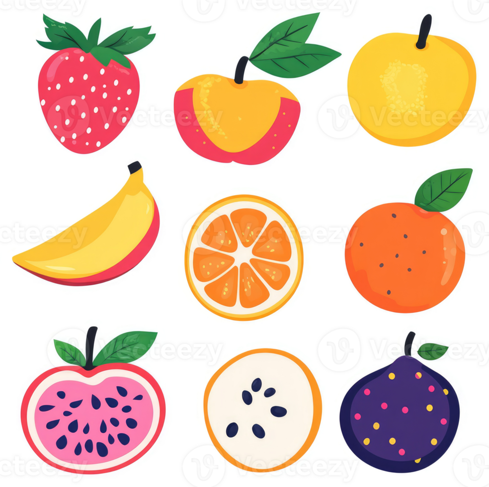 Colorful fruit illustration with various whole and sliced depictions. png
