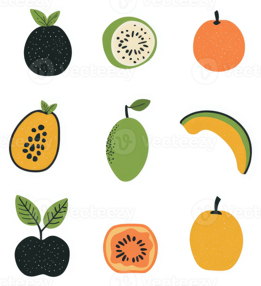 Colorful fruit slices and whole fruits in a simple, stylized design. png