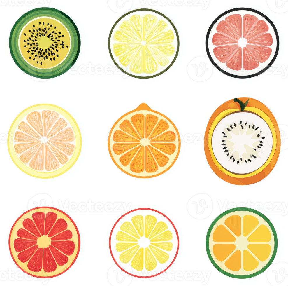 Colorful citrus and kiwi fruit slices displayed in a graphic design. png