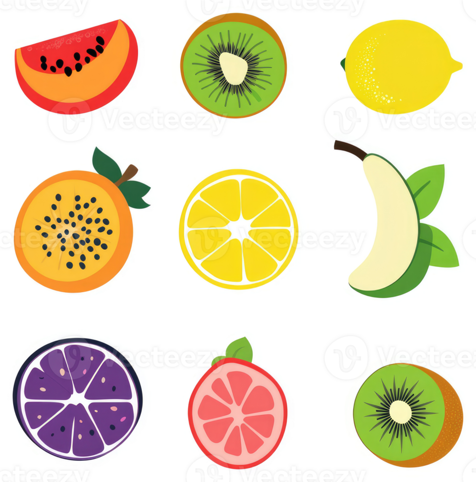 Colorful slices of various fruits. png