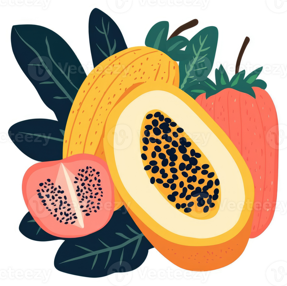 A vibrant display of tropical fruits, including papaya, passion fruit, and strawberries. png