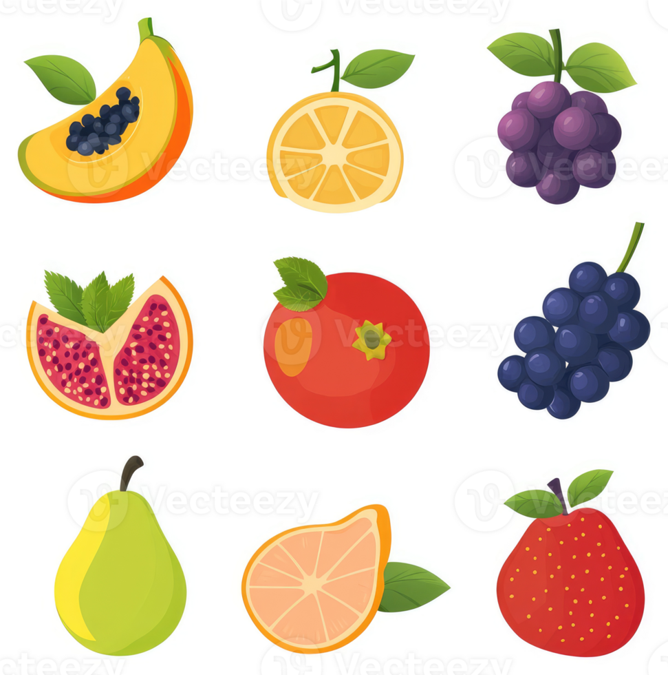 Colorful illustration of various fruits and berries. png