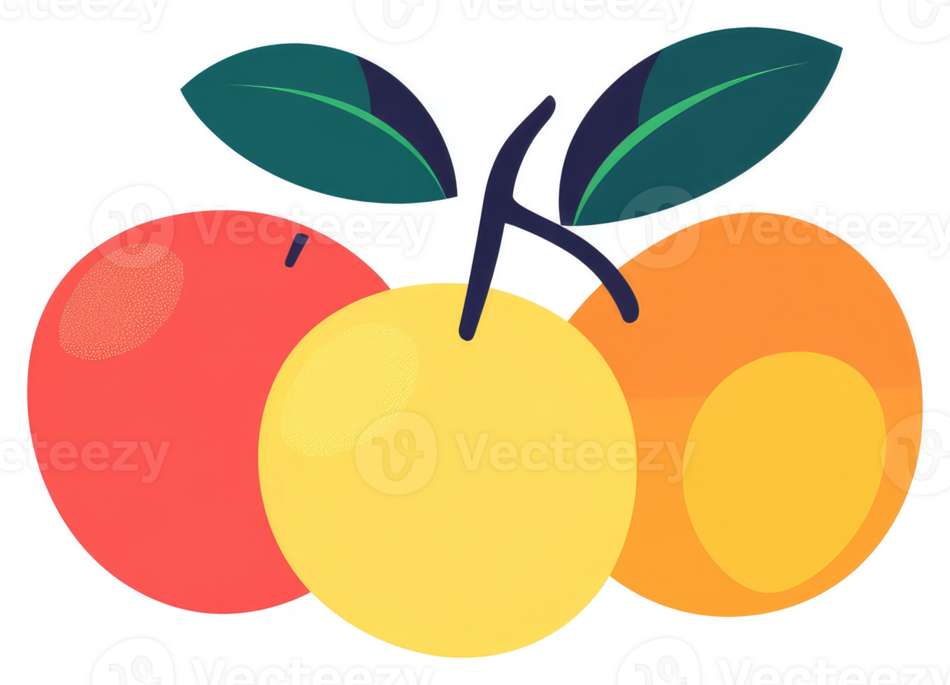 A cluster of colorful, round fruits with leaves. png