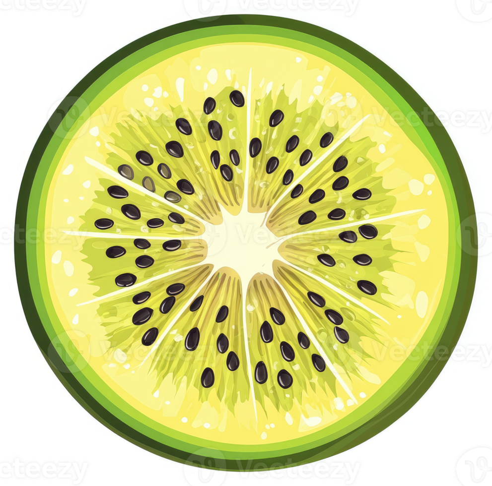 A vibrant illustration of a kiwi fruit slice, showcasing its segments and seeds. png