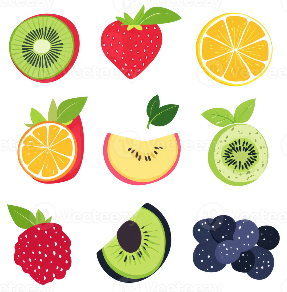 Colorful illustration of various fresh fruit slices. png