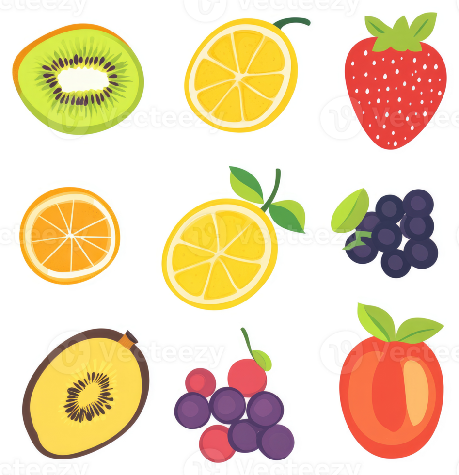 Colorful sliced fruits and berries displayed in an illustration. png