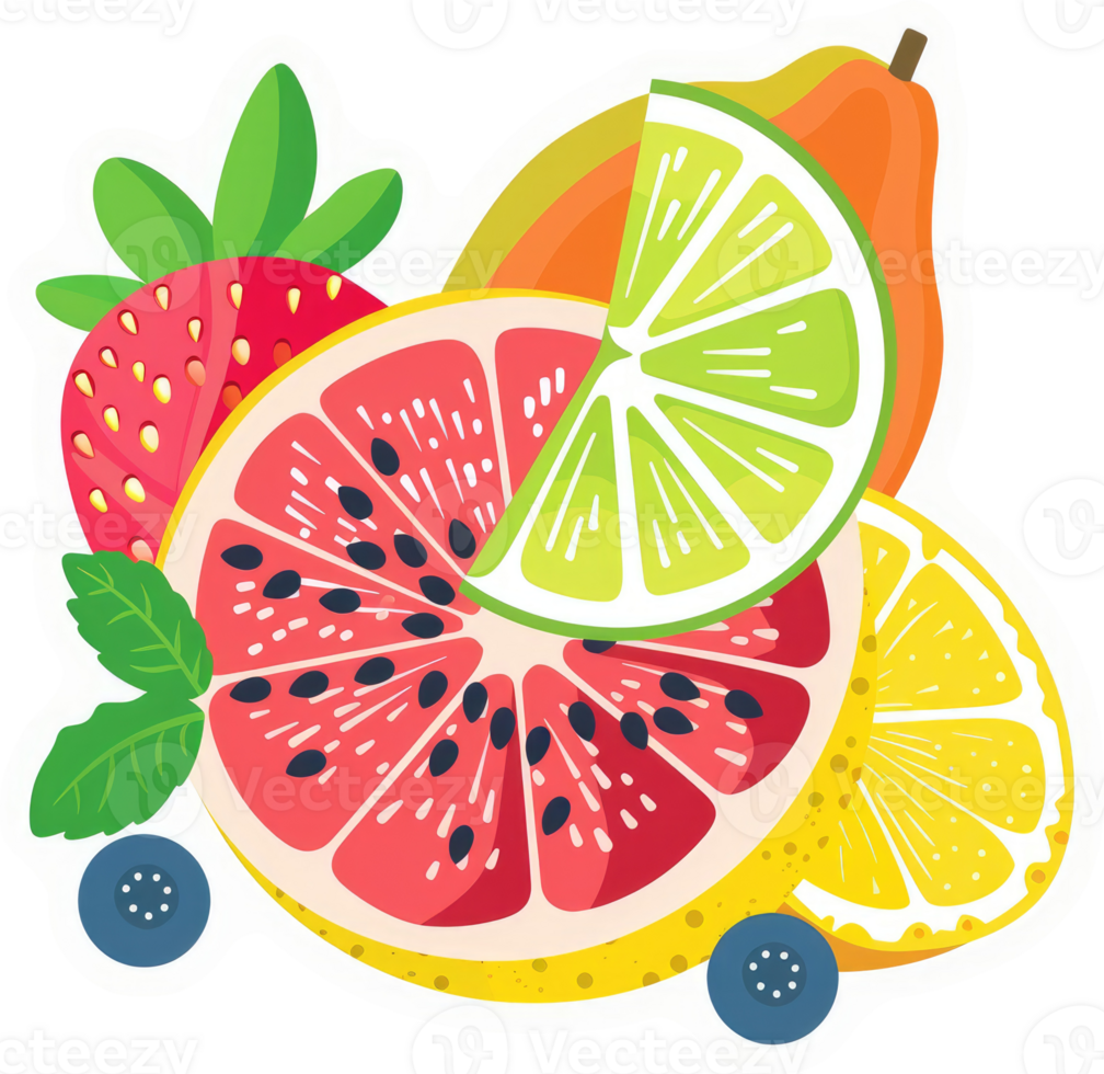 A colorful array of fresh fruit slices, including strawberries, grapefruit, lime, papaya, and lemon. png