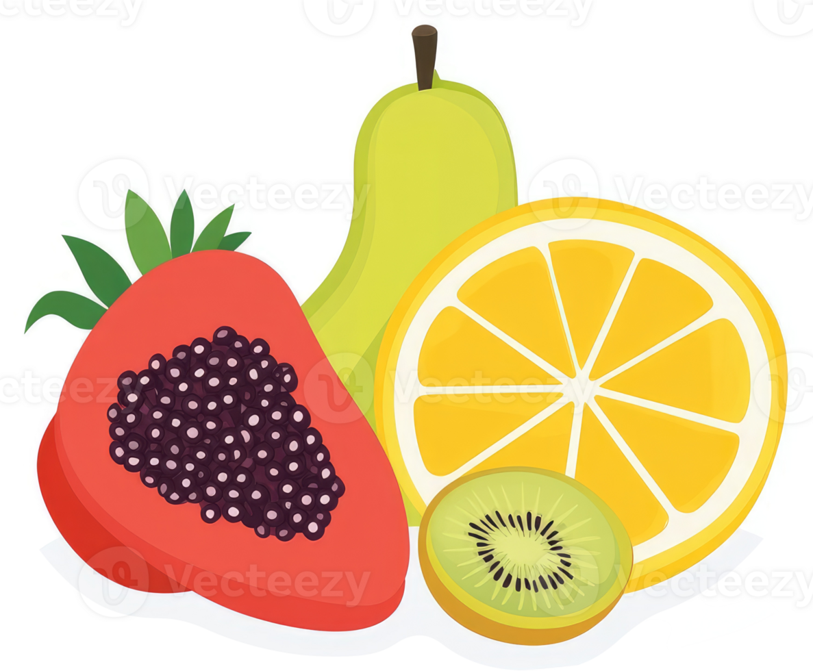 A vibrant assortment of fresh fruits including papaya, pear, orange, and kiwi. png
