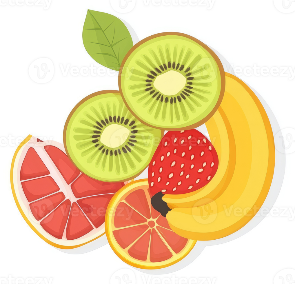 A vibrant assortment of sliced kiwi, banana, strawberry, and grapefruit. png