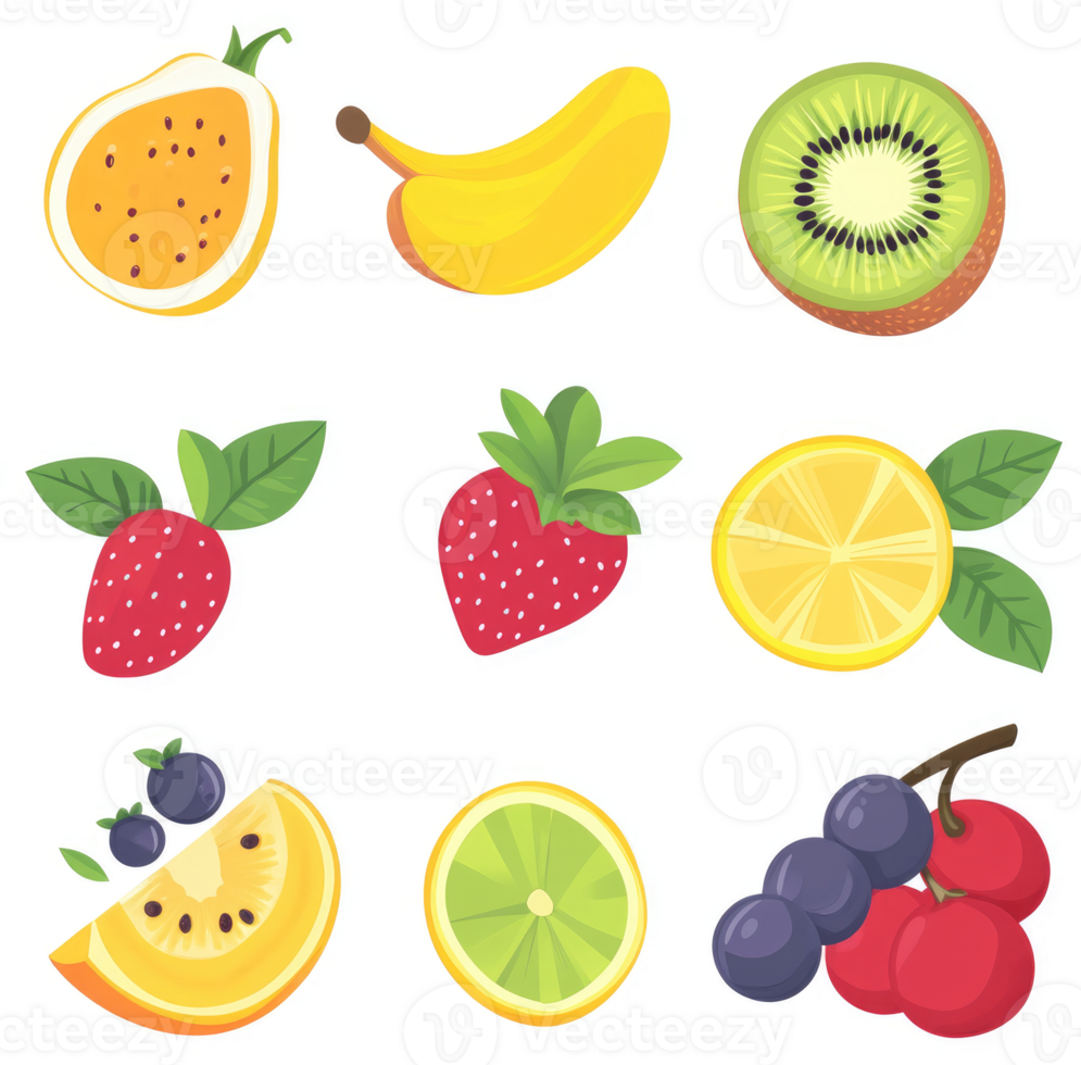 Colorful illustration of various fresh fruit slices and whole fruits. png