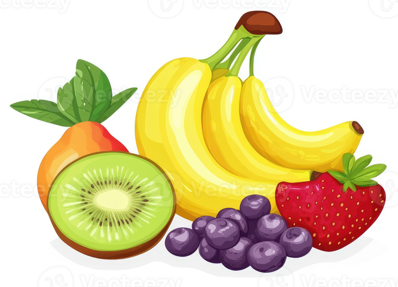 A vibrant display of fresh fruit, including bananas, kiwi, strawberries, blueberries, and a pear. png