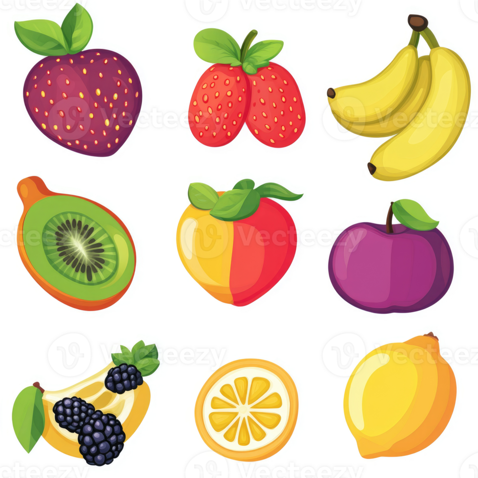 Colorful illustration of various fruits including strawberries, bananas, kiwi, peaches, plums, lemons, and blackberries. png