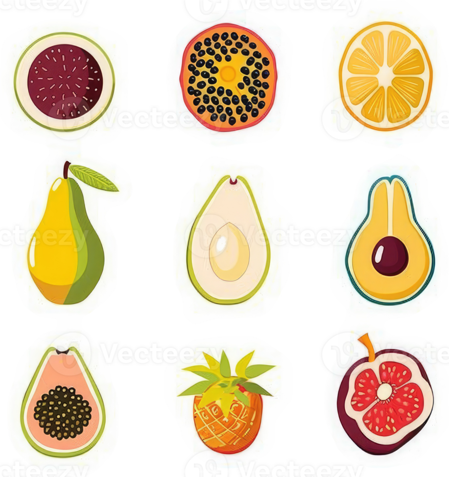 Colorful slices and whole fruits, a variety of tropical and common fruits. png