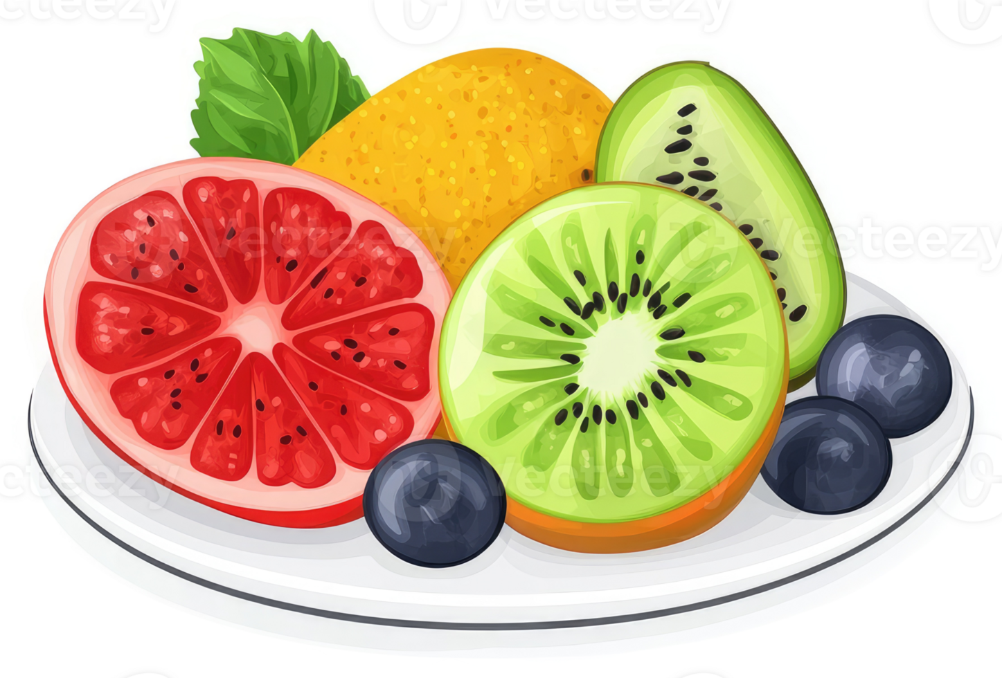 A colorful array of fresh fruit slices on a plate. png