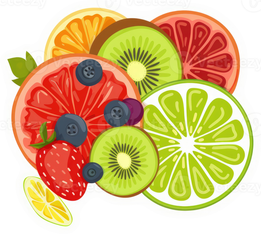 A vibrant display of sliced citrus fruits and berries. png