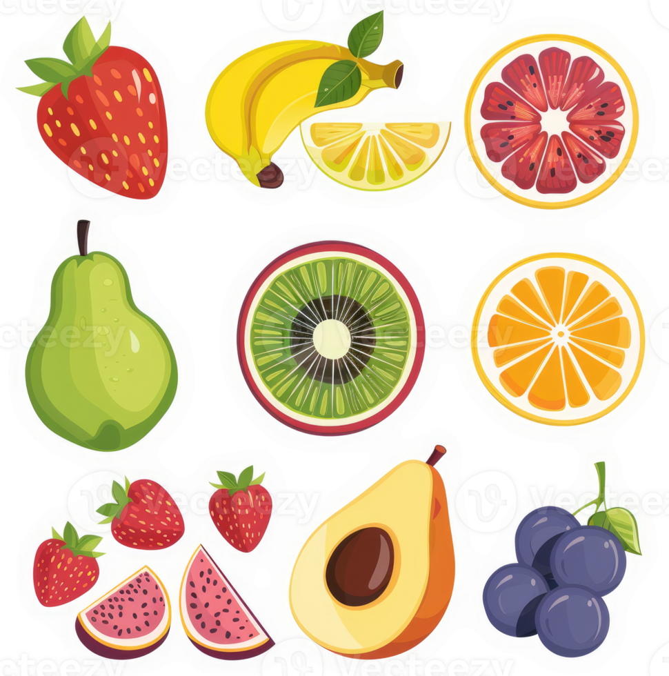 A colorful assortment of fresh fruits, including berries, citrus, and tropical fruits. png