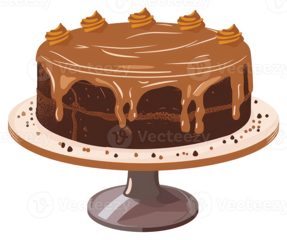 A decadent chocolate cake with caramel drizzled and topped with caramel swirls. png