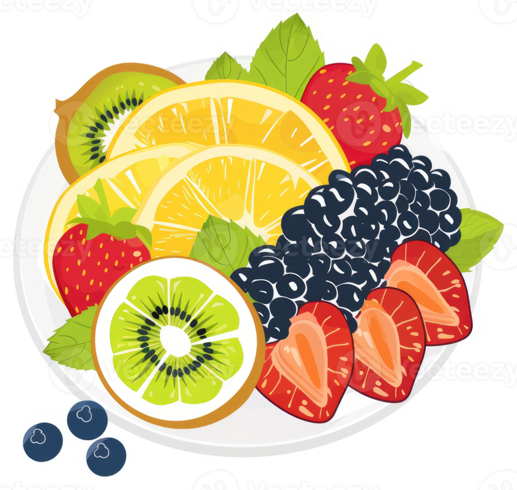 A colorful assortment of fresh fruit slices on a white plate. png