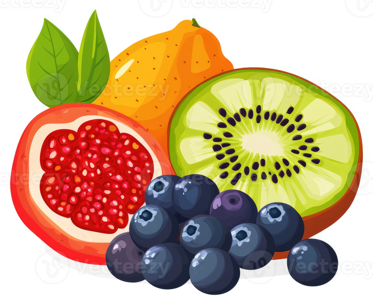 A vibrant display of fresh fruits and berries. png