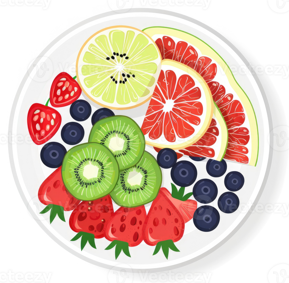 A colorful assortment of sliced fruits on a white plate. png