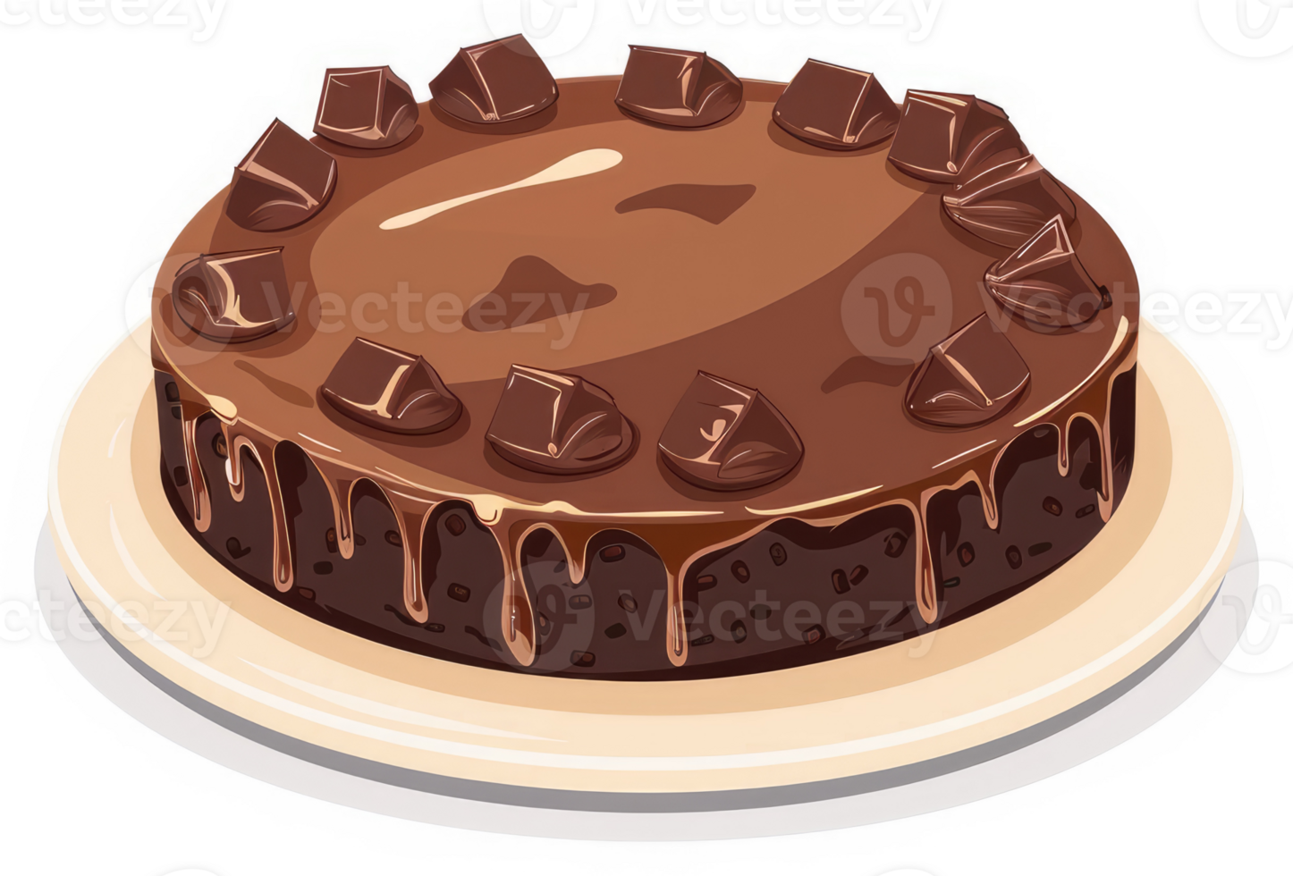 A rich and decadent chocolate cake with melted chocolate topping. png