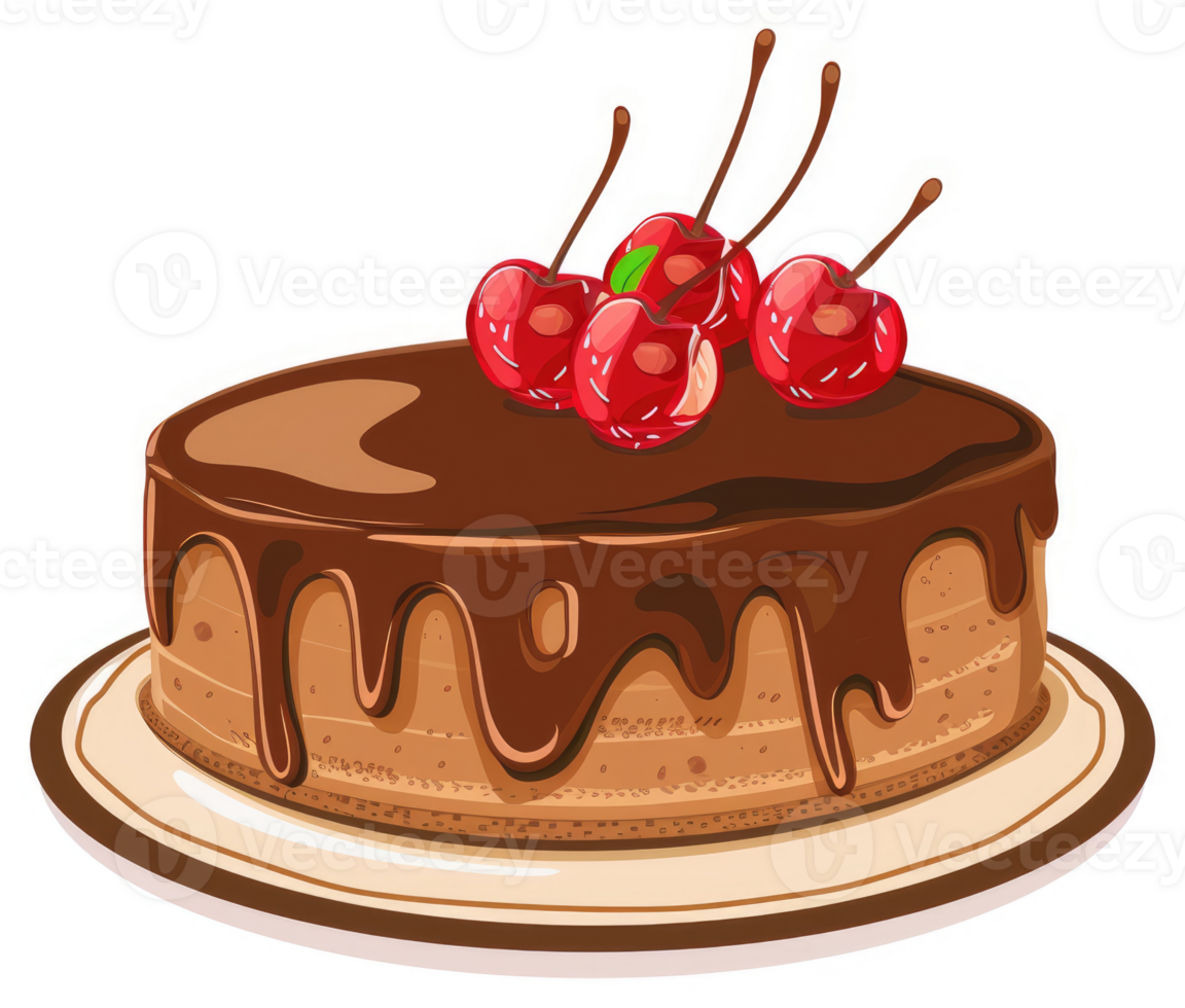 A chocolate cake decorated with cherries, drizzled with chocolate. png