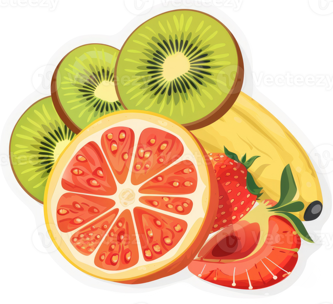 A vibrant display of sliced kiwi, grapefruit, banana, and strawberries. png
