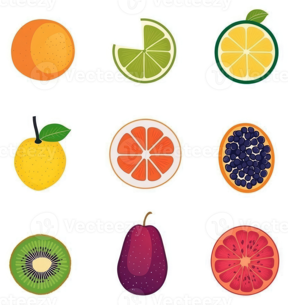 Colorful fruit slices and whole fruits illustration. png