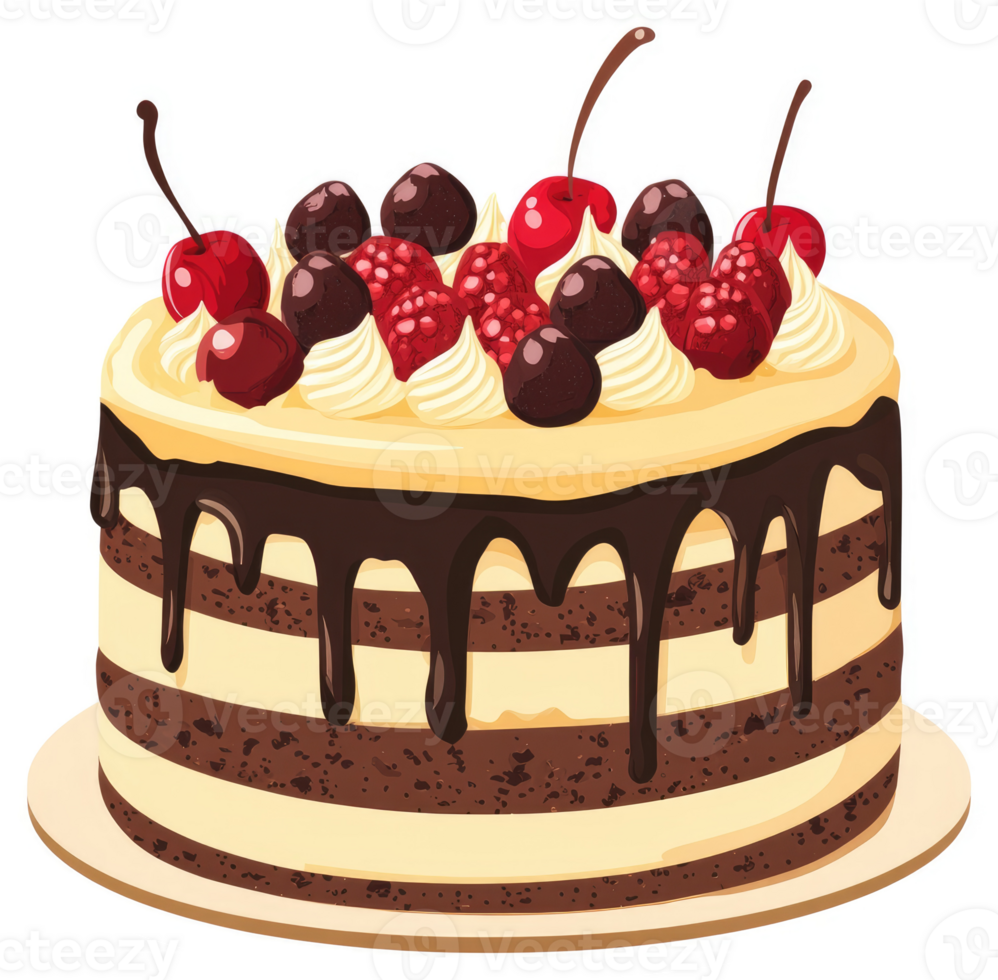 A decadent layered chocolate cake decorated with fresh cherries, raspberries, and chocolate, drizzled with rich chocolate. png