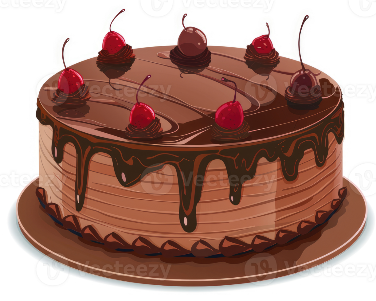 A delicious chocolate cake with cherries and chocolate icing. png