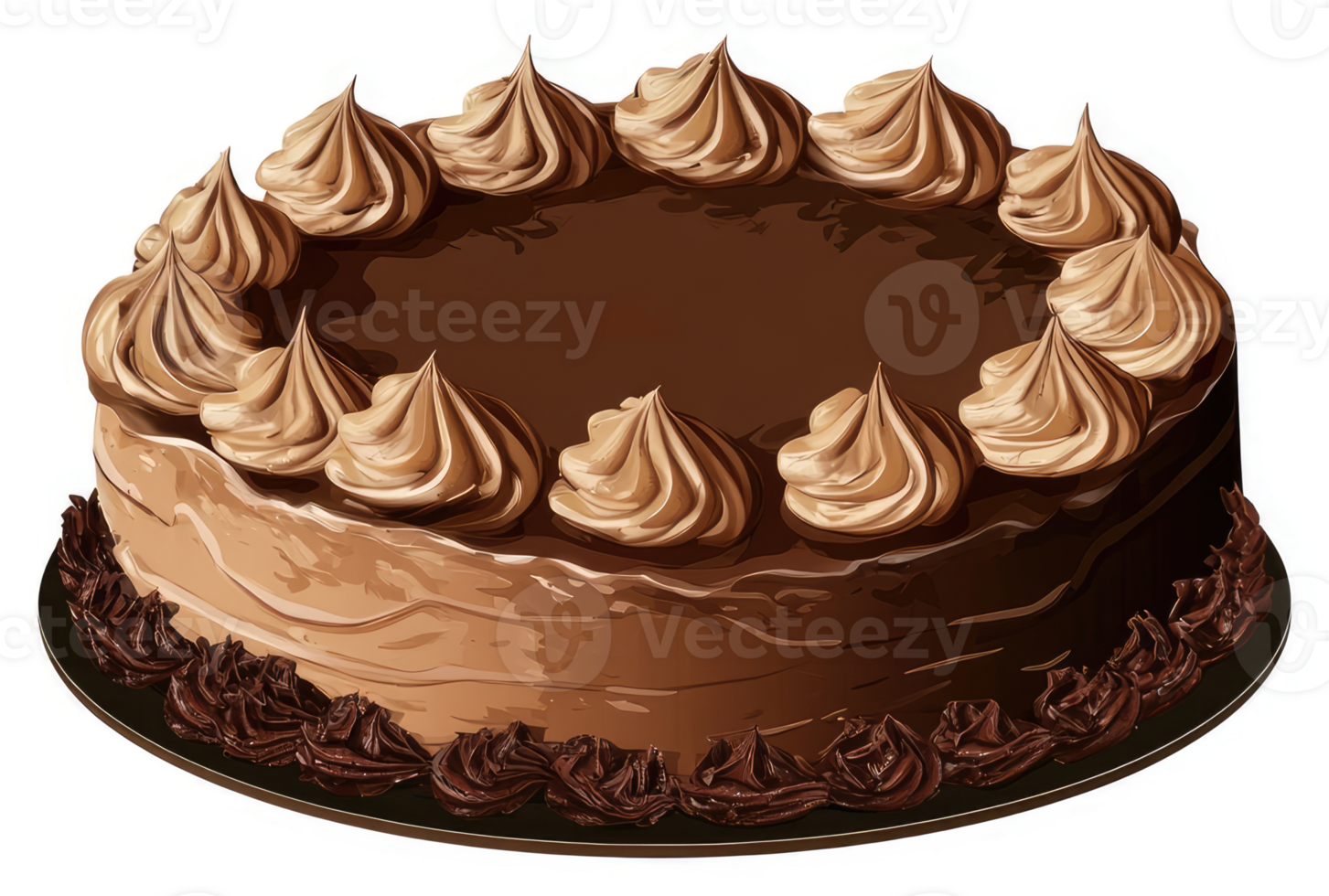A rich chocolate cake adorned with a creamy topping. png