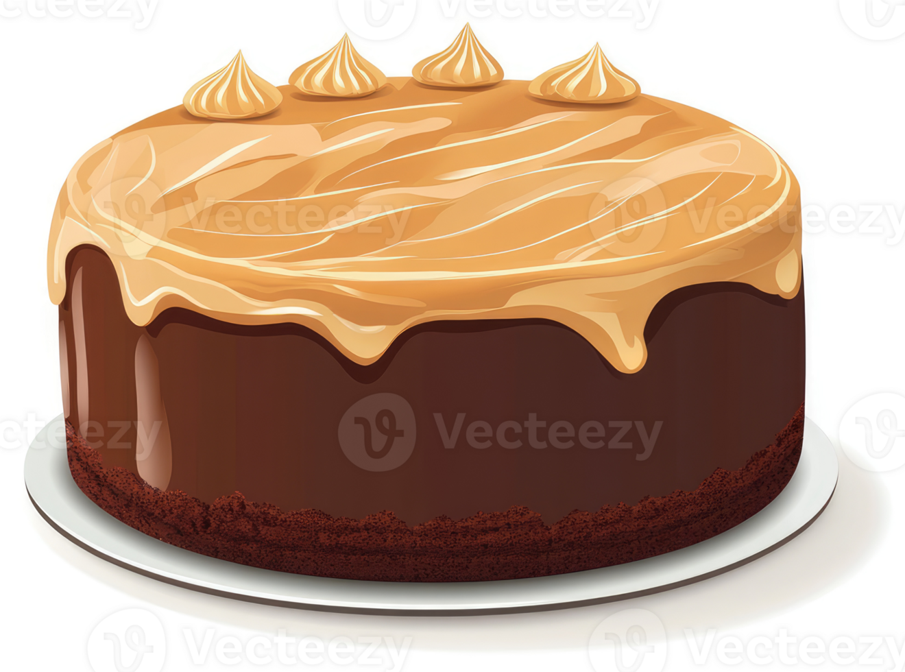 A round chocolate cake topped with caramel icing and whipped cream. png