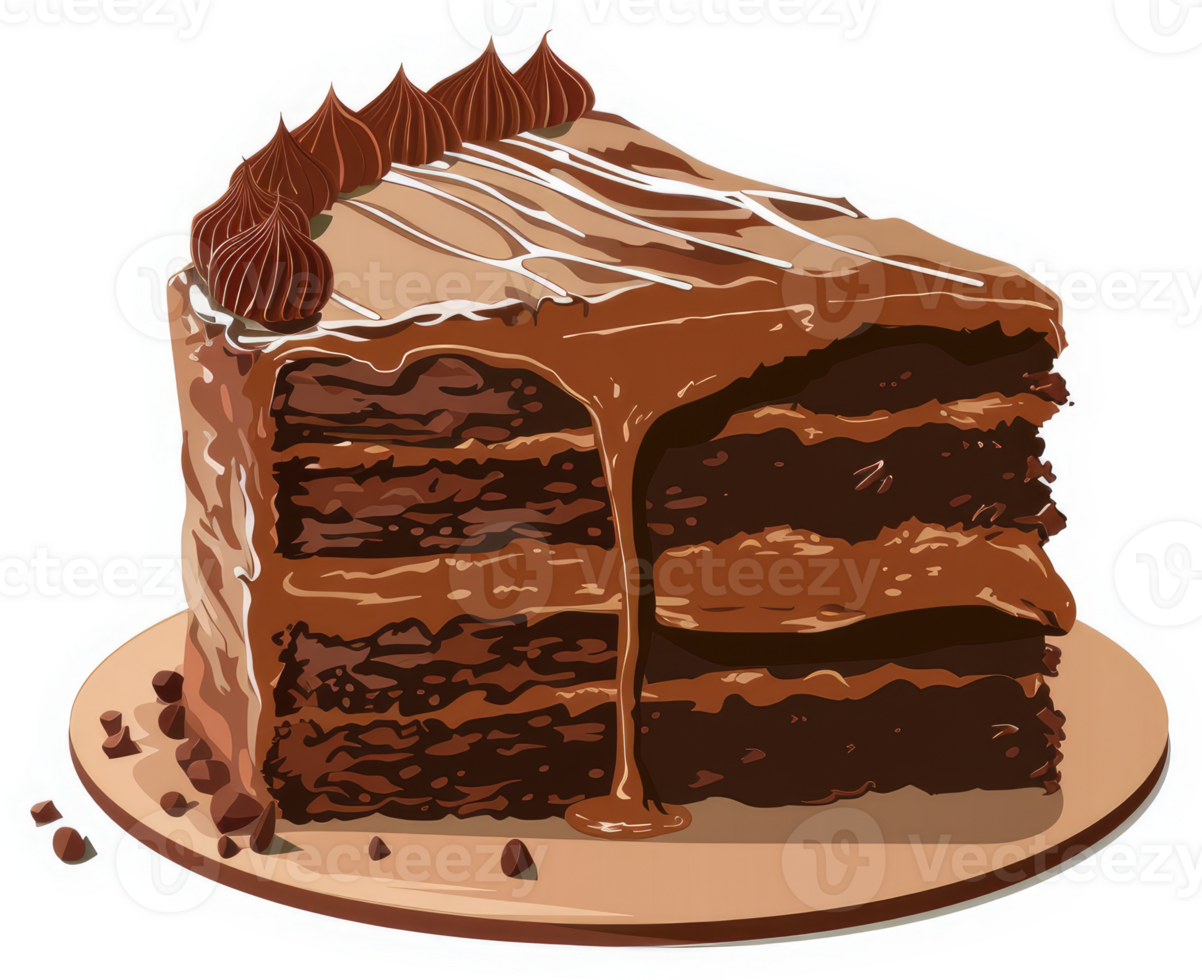 A decadent slice of chocolate layer cake with rich frosting. png