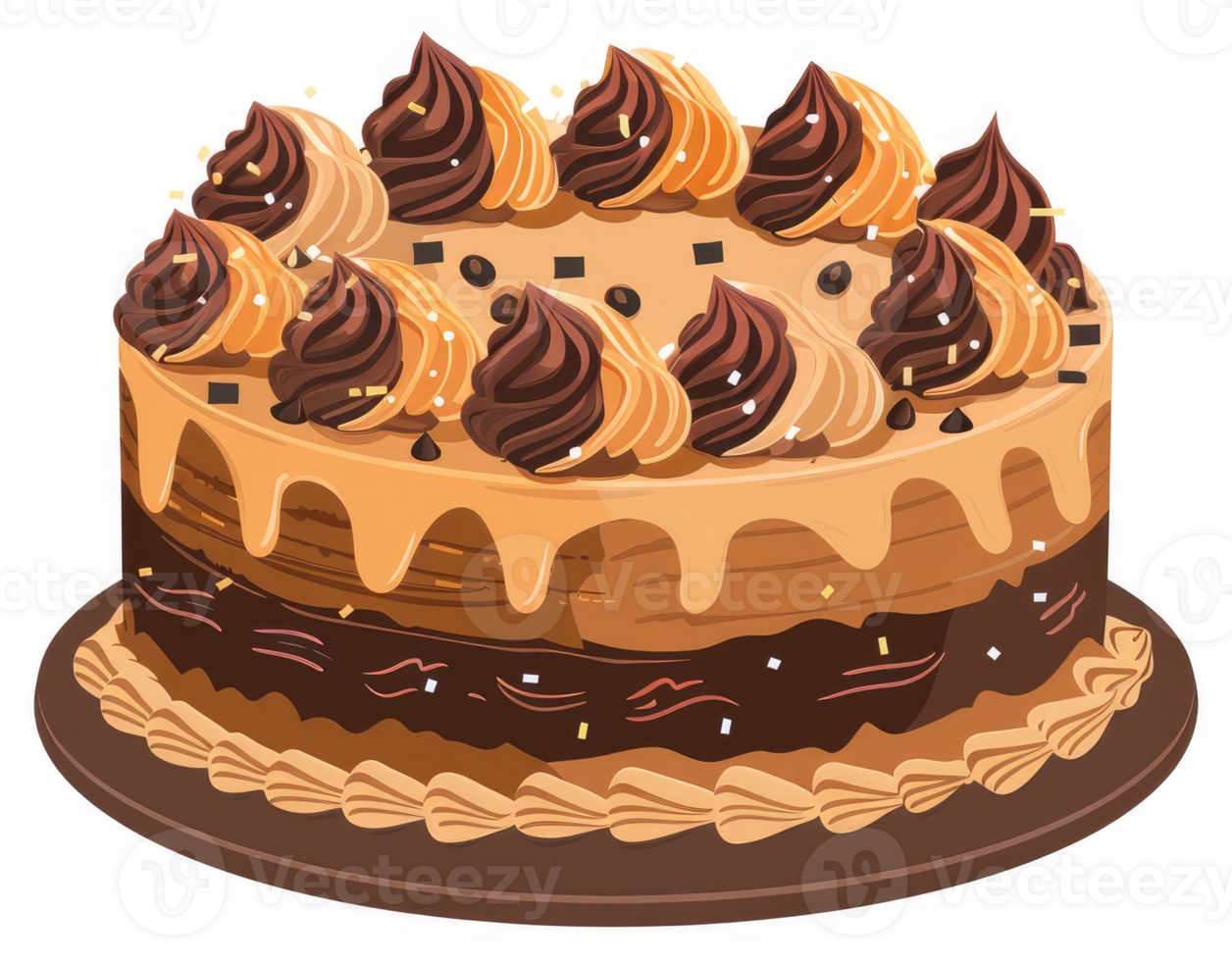 A delicious layered cake with caramel and chocolate frosting. png