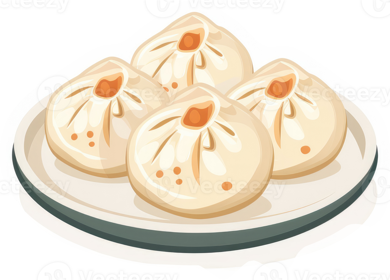 A plate of delicious, steamed, savory buns. png