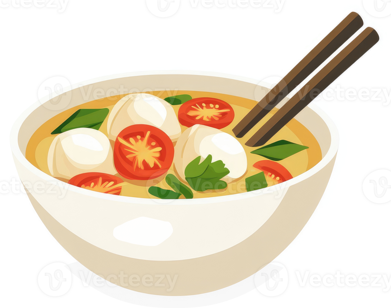 A bowl of flavorful soup with meatballs, tomatoes, and herbs. png