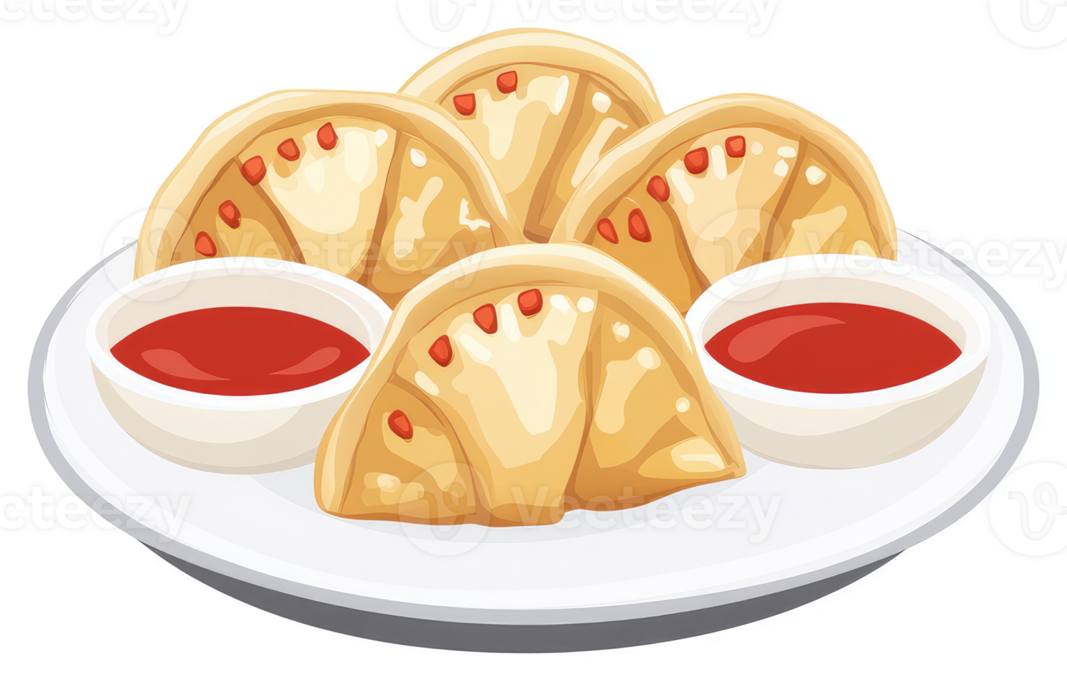 Crispy dumplings served with sweet chili sauce on a plate. png